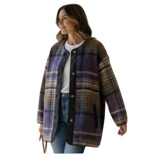 Aritzia Wilfred Free Plaid River Jacket Womens XS Purple Brown Check Button Down